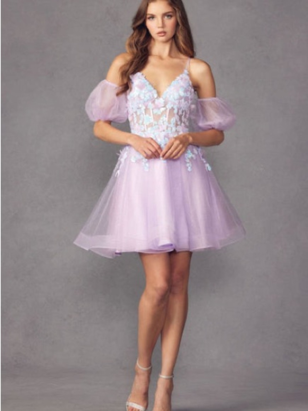 Lilac Tulle Party Dress with Floral Appliqué